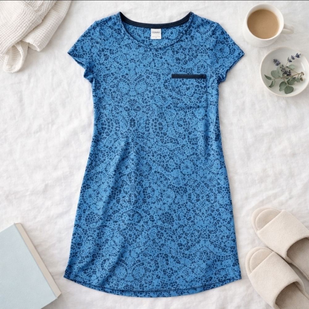 Soma Cool Nights Sleep Shirt XS Blue Lace Medallion Print Nightgown Pocket Soft
